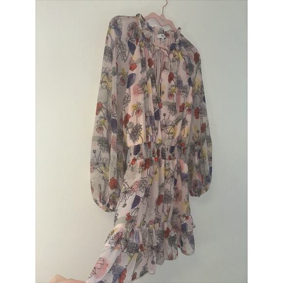 NSR Pink Floral‎ 70s Ruched V Neck Peasant Sleeve Midi Cottagecore Dress Sz Med - Picture 3 of 6